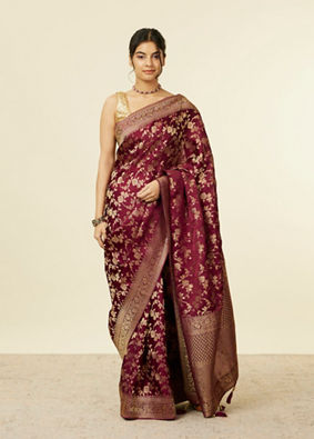 alt message - Mohey Women Classic Wine Bel Buti Patterned Saree image number 0